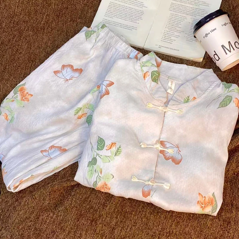 

Pajama Sets For Couples Women Bamboo Relaxed Homewear Cottagecore Wife Skin-Friendly Thin Collared Short Sleeve Shorts Spring OL