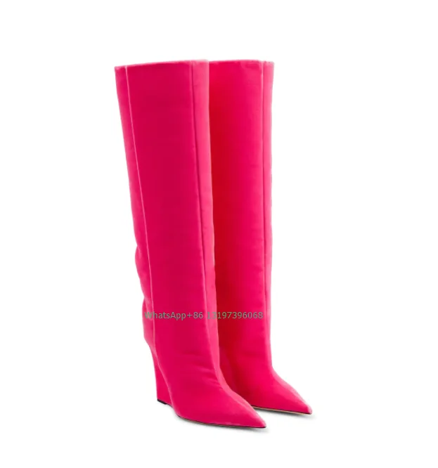 Lady Candy Pink Suede Design Knee Wedge Boots Elegant Brilliant Pink Elegant Boots Fall Winter Dress Causal Party Daily Boots 46