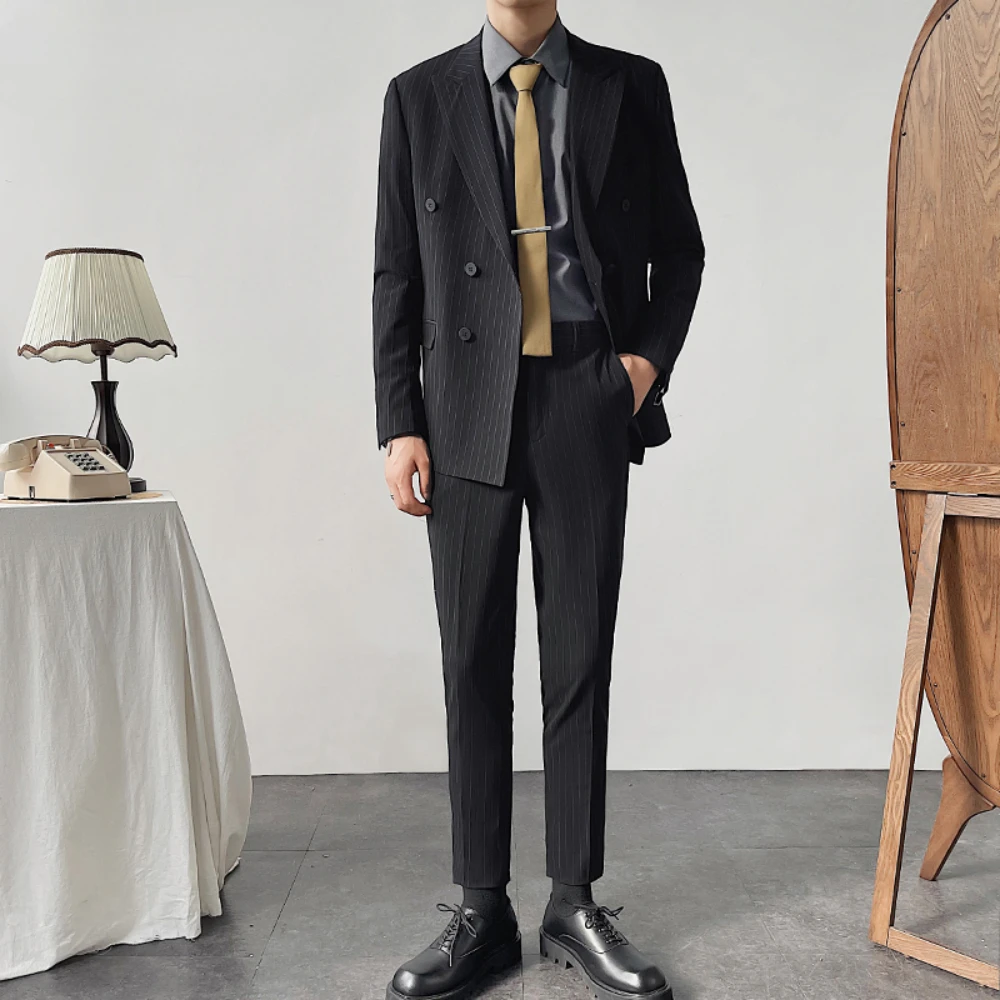 

Business Men's Double Breasted Striped Suit Coat Pants Set Male Classic Daily Clothing Trend Slim Sets 2024 Spring Formal