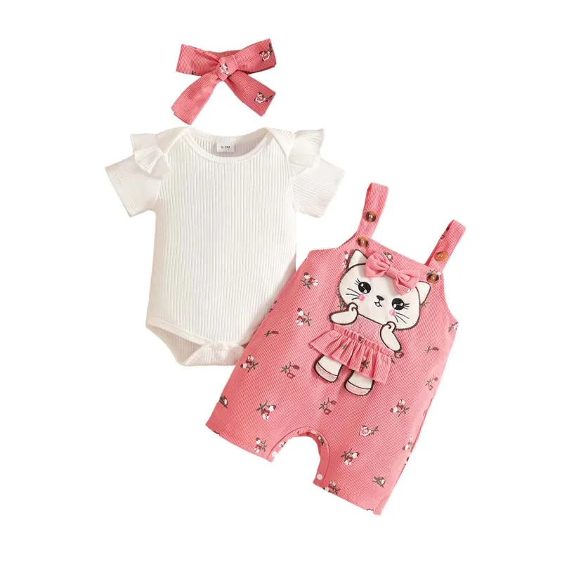 

3Pcs Baby Girl Outfit Ruffle Sleeve Ribbed Bodysuit+Cat Print Floral Overalls+Bow Headband Summer Newborn Infant Clothes 0-18M