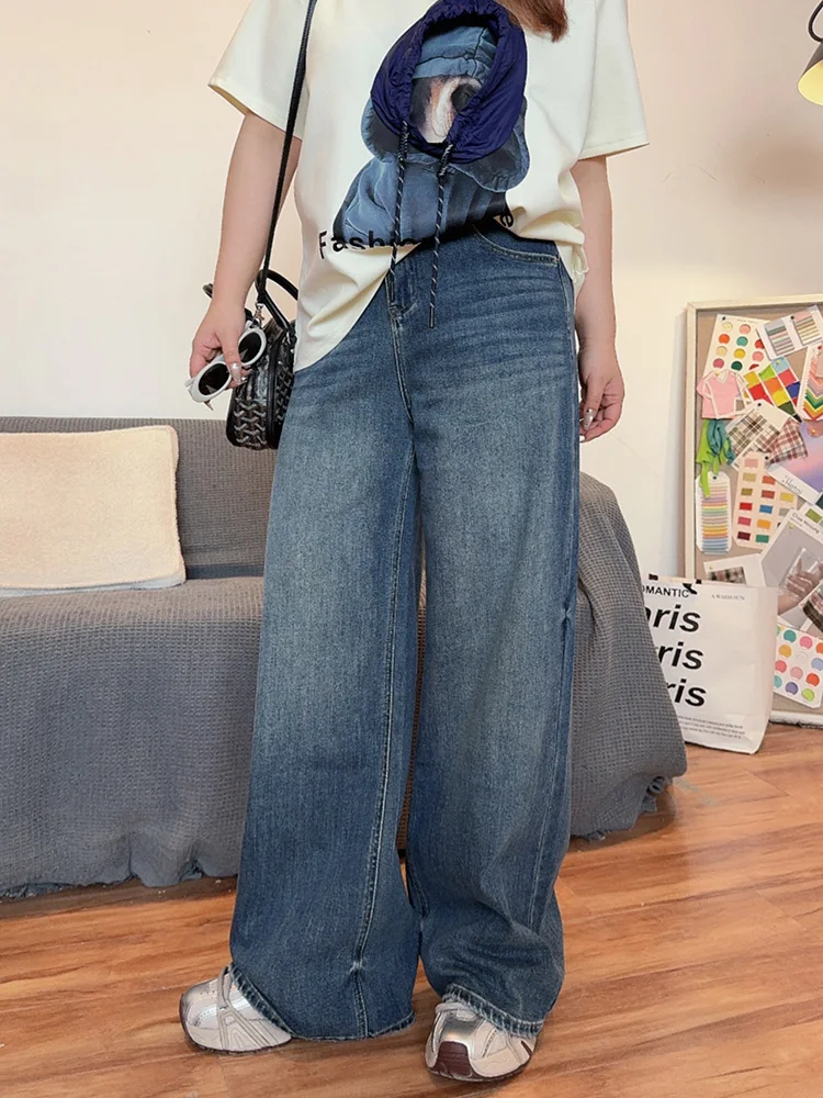 

Джинсовые брюки прямого кроя с высокой талией и широкими штанинами длиной до пола, свободная посадка, весенняя мода, большие размеры, женская одежда с V-образной кружевной отделкой