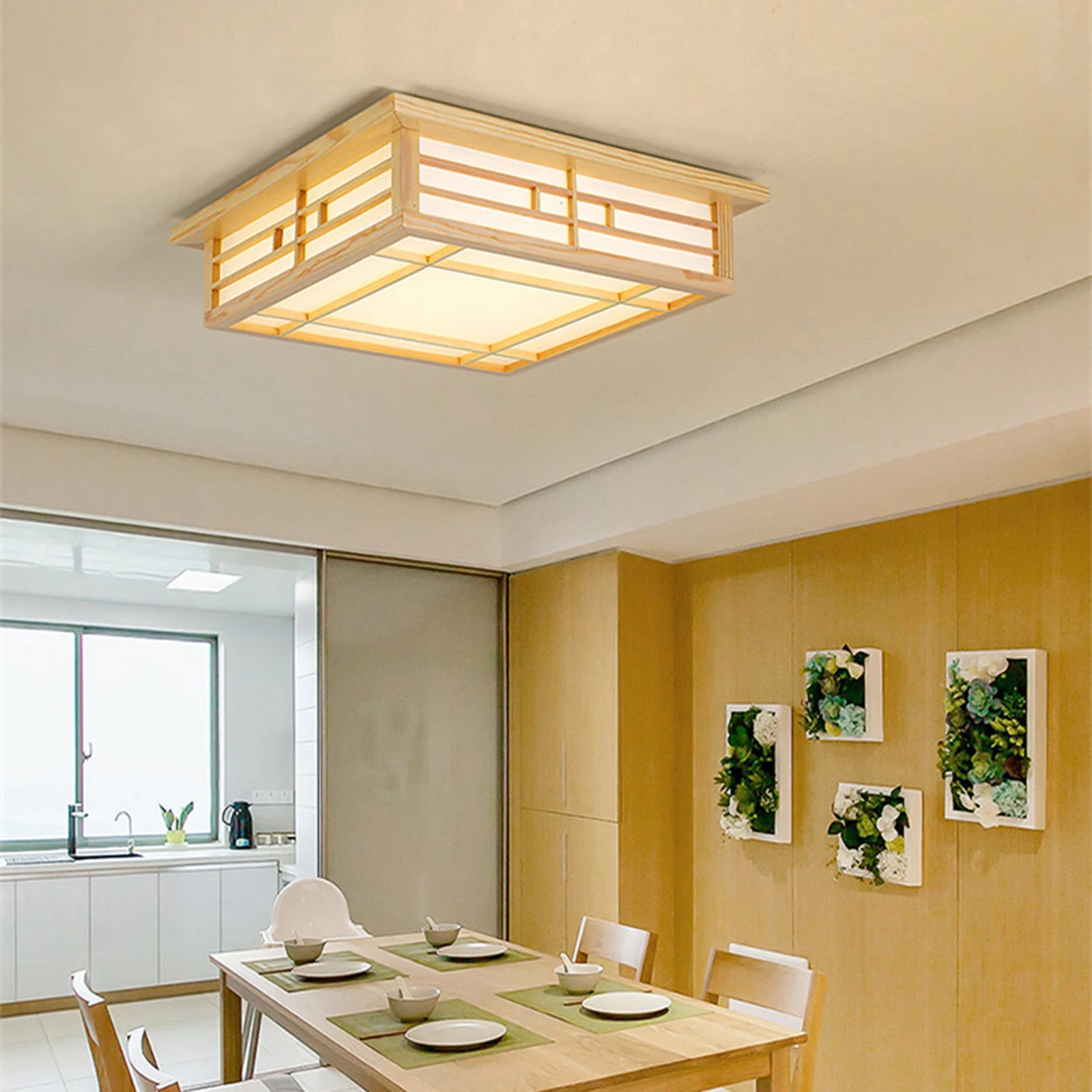 Lámpara de techo de estilo japonés, luz LED de madera maciza de montaje empotrado con Control remoto para dormitorio y sala de estar