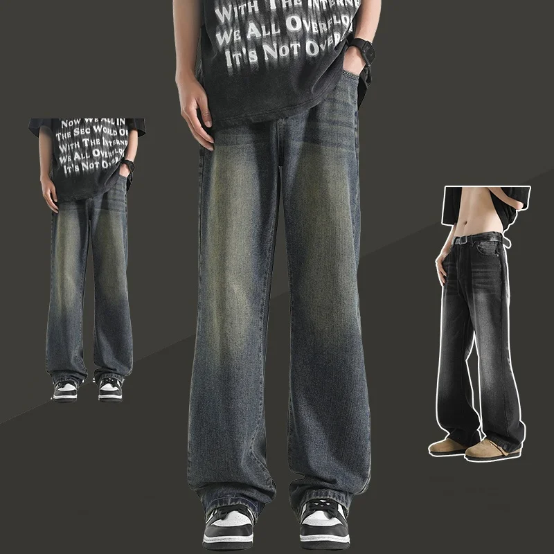 

New men's fashionable micro flared long jeans in solid color, retro washed, vintage style, loose straight leg pants for men