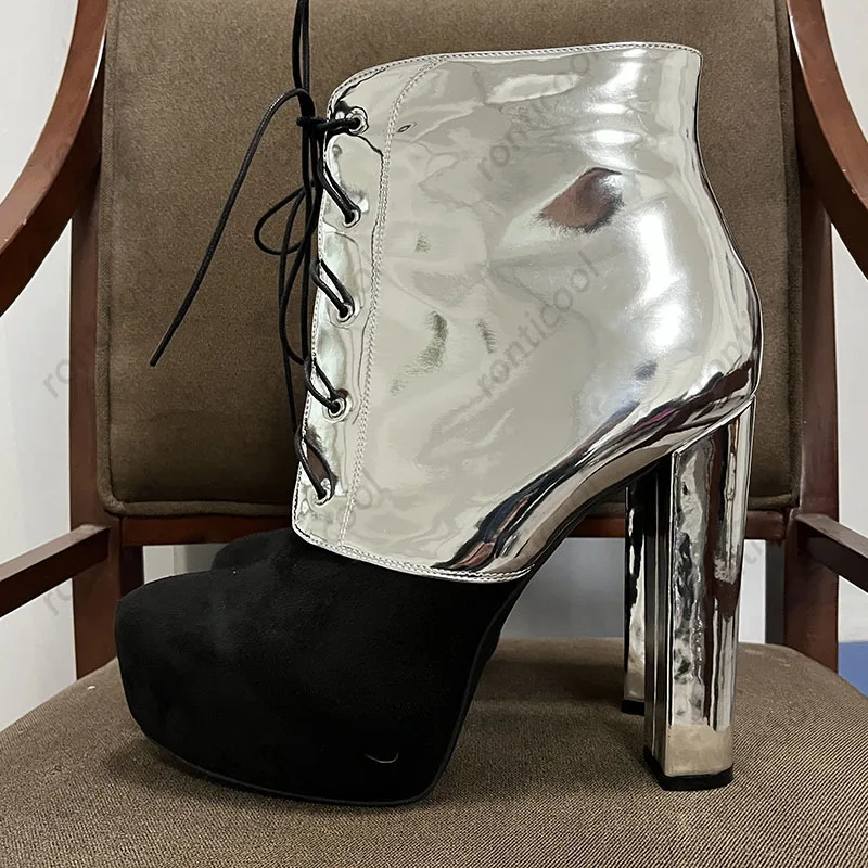 

Ronticool/Новые женские зимние ботильоны ручной работы на платформе, унисекс, серебряные туфли для вечеринок на массивном каблуке с круглым носком, размер США 5-20
