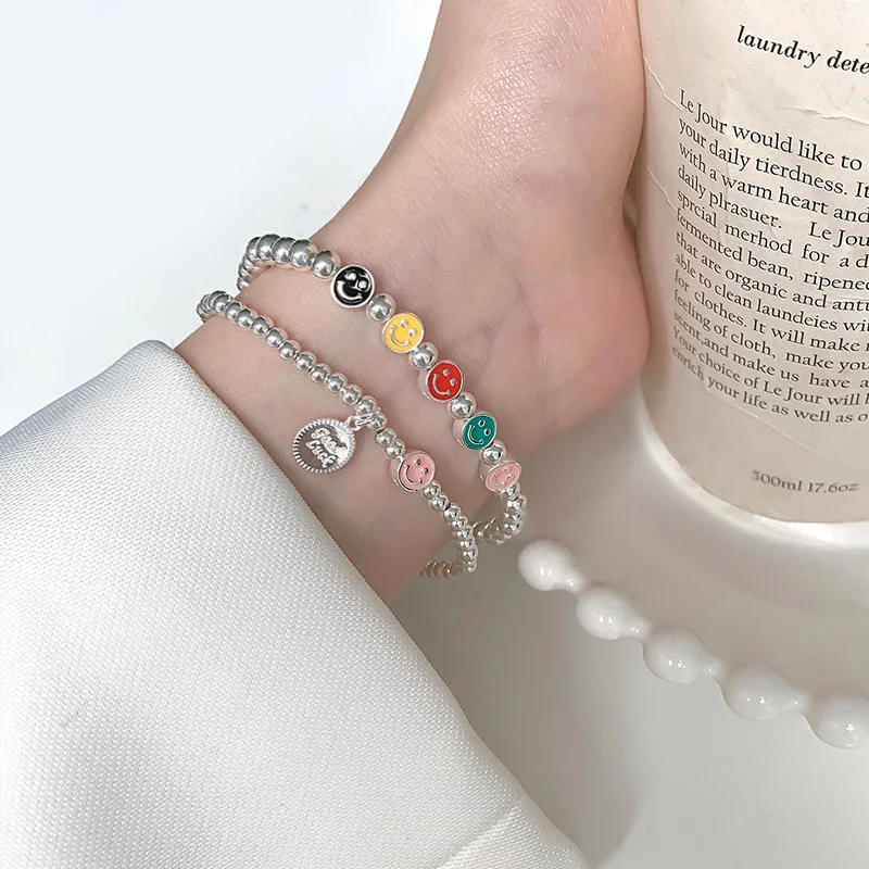 S925 Silver Color Smiling Face Ball Bracelet for Women Ins Fashion Aesthetiic  Harajuku Good Lucky Jewelry