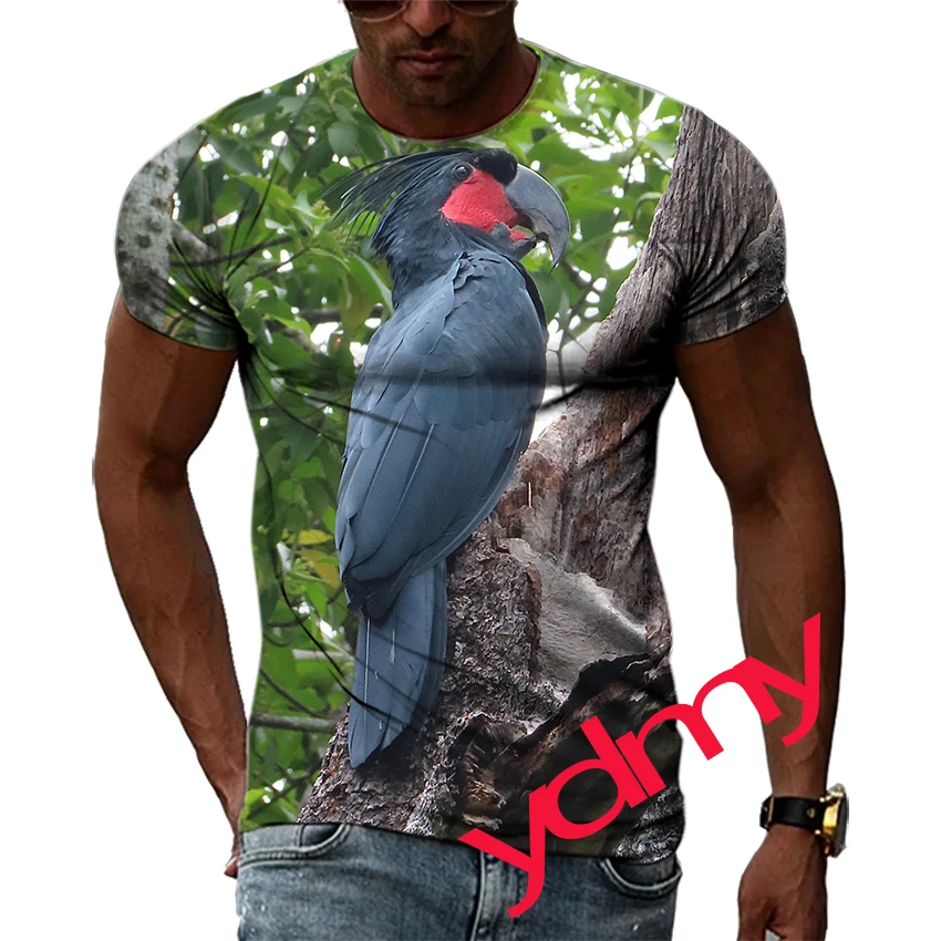 Tide Fashion Summe Colored Parrot Picture  Men's T-shirt Casual Print Tees Hip Hop Personality Round Neck Short Sleev Tops