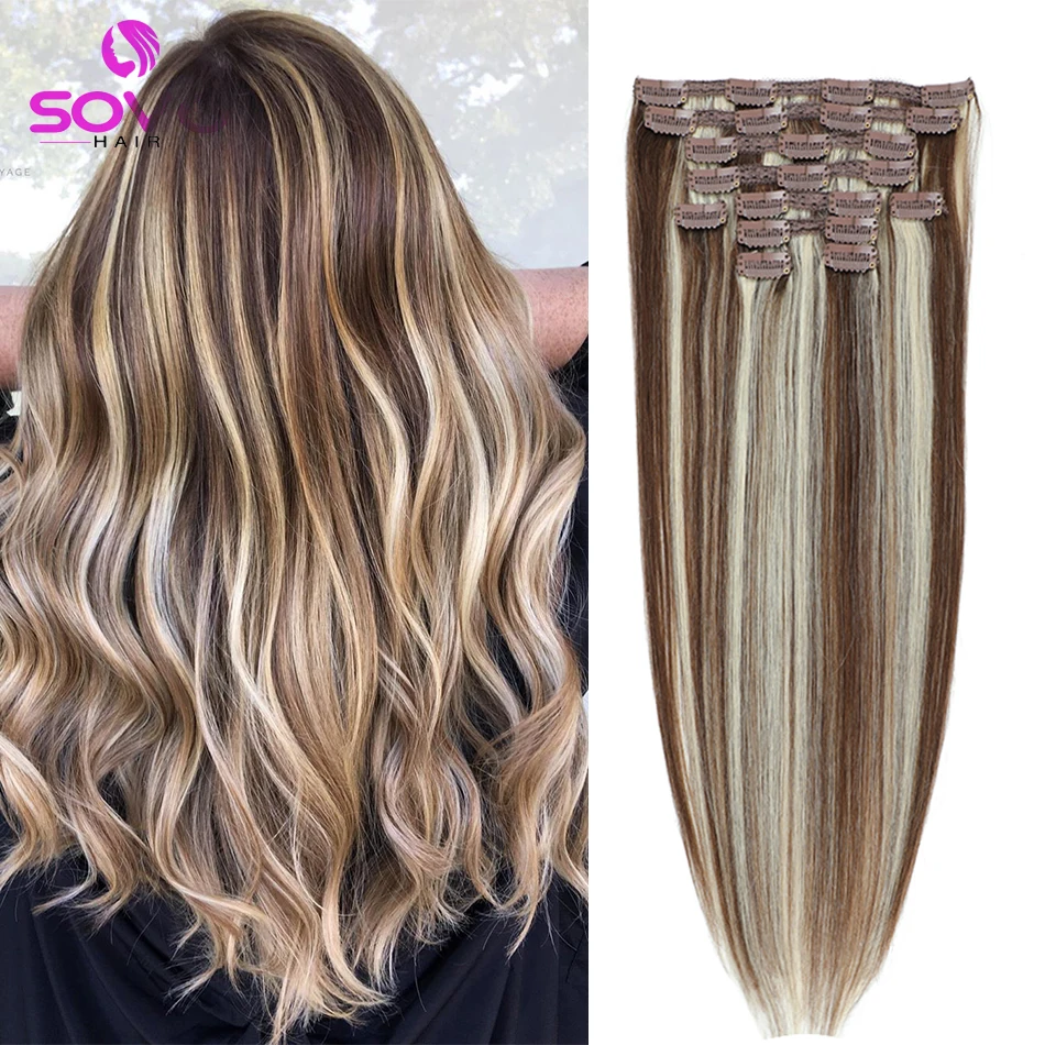 Grampo em extensões do cabelo, cabelo humano reto, loiro, chocolate, marrom, Ombre, cabelo de Remy, clipes sobre, pesado, 120G, 180G, 200G, 10 pcs