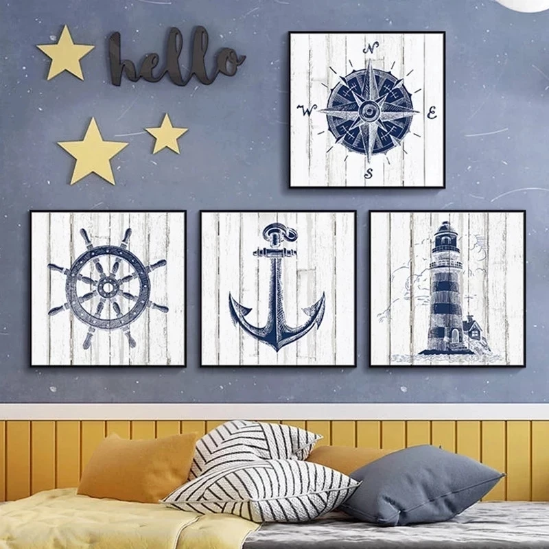 Nautical Chart Painting Lighthouse 5D DIY Diamond Painting Navy Picture Anchor Compass Mosaic Mediterranean Boy Room Embroidery