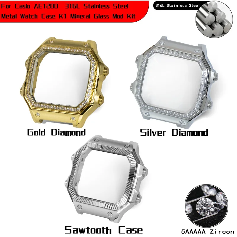 Royale Mod Diamond Case für Casio AE1200 Metall-Uhrengehäuse DJ-Lünette 316L Edelstahl K1 Mineralglas WR100M Modifikationen