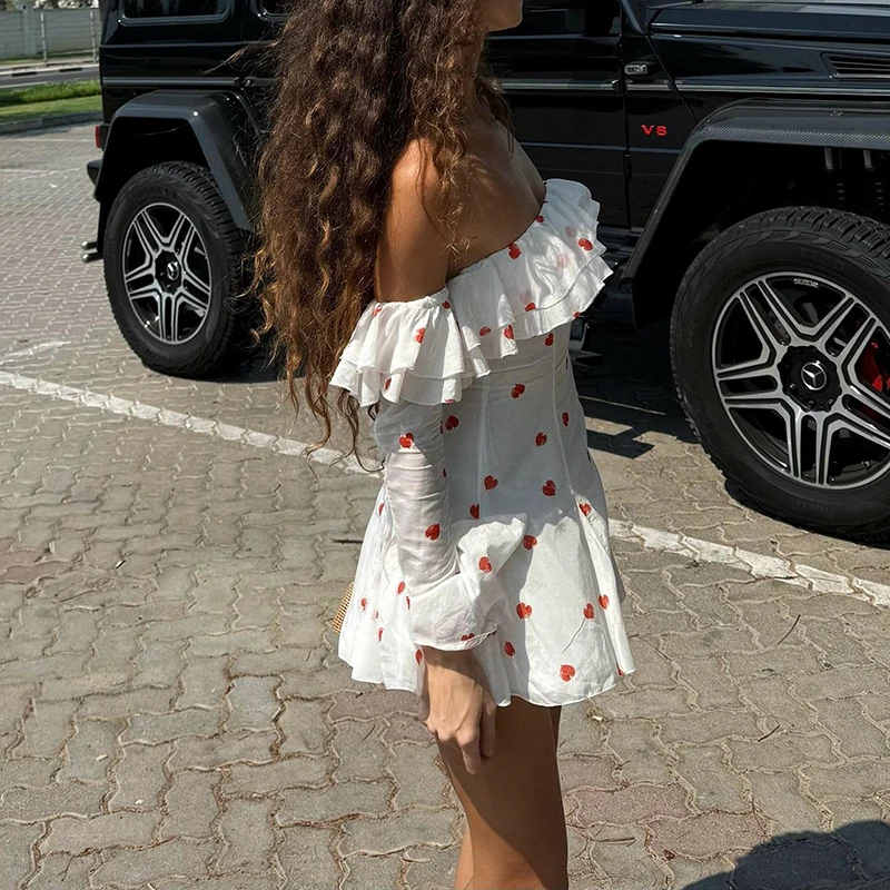 Minivestidos con hombros descubiertos y estampado de corazón para el Día de San Valentín para mujer, vestido acampanado con borde con volantes, vestido elegante sin espalda para salir