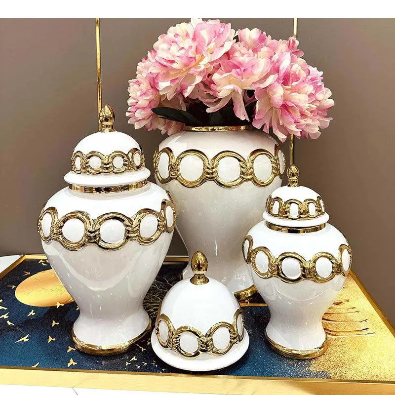 Golden Circular Ring Relief Ceramic Storage Jar Gold-plated General Desktop Jewelry Organizer Box Cosmetic Container