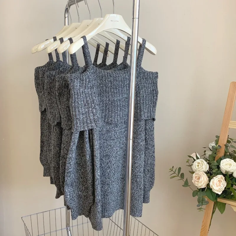 Sweet Fashion Camisole Knit Sweater Women Off Shoulder Collarbone Soft Glutinous Solid Elastic Temperament Gentle Autumn Wear