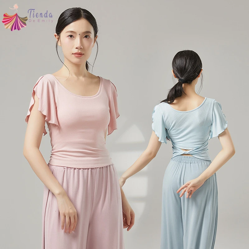 Modern Dance Top Women Ruffle Split Short Sleeve T-shirt Crop Blouse Back Waist Hollow Crew Collar Casual Stage Practice Clothes