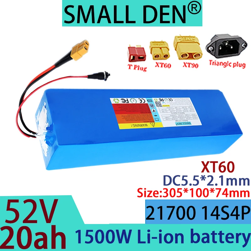 New 52v 20ah 21700A grade lithium battery pack with 14s4p 1500w motor, built-in BMS 58.8V rechargeable battery, EU/US duty-free