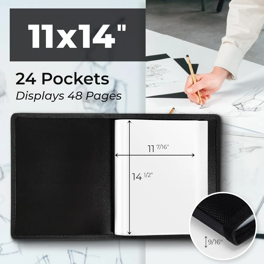 Carpeta grande de portafolio de arte de 11x14 con papel de montaje en negro para almacenamiento de obras de arte profesionales y características de presentación 24 Sle