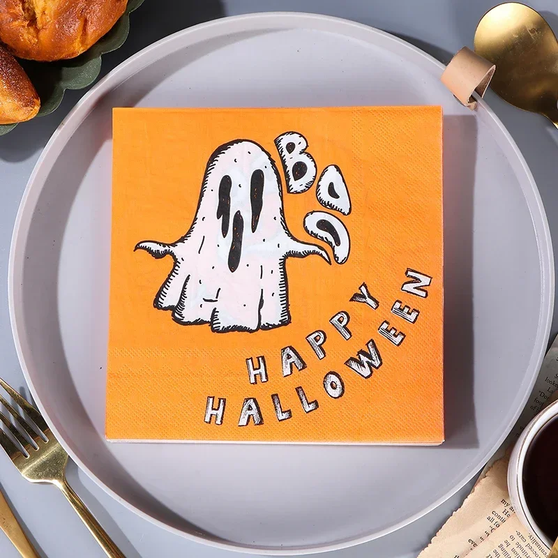 Yellow Spooky Napkins Halloween Elements Wood Pulp Paper Placemats Party Decoration Paper Napkins 2-Ply 10/20pcs 33*33cm