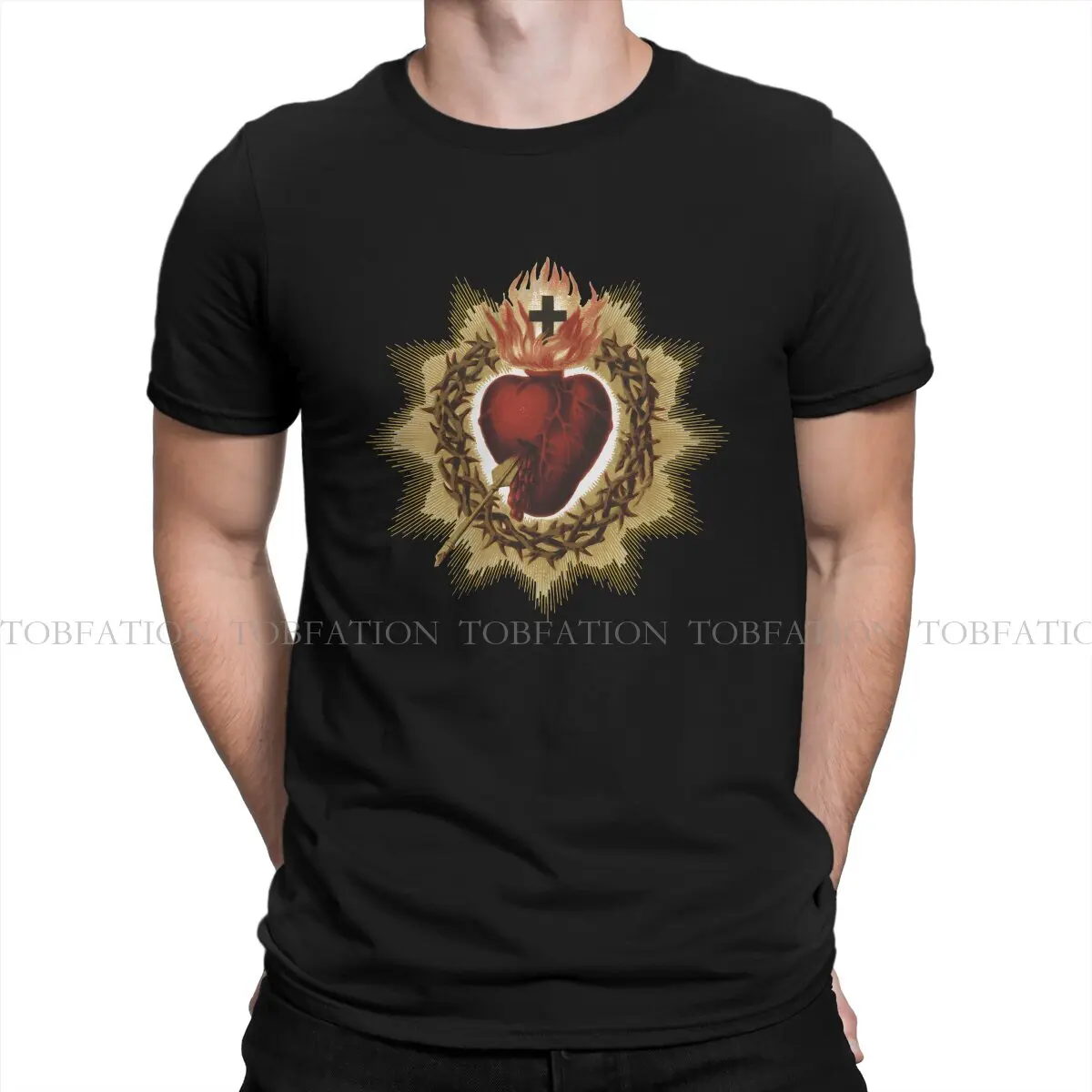 Jesus Sacred Heart of Catholic T Shirt Men Ofertas Large Crewneck Tshirt Cotton Harajuku Clothes