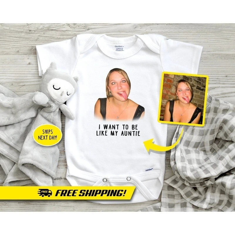 Funny Face Baby Bodysuit, I Want To Be Like My Auntie Romper, 3pcs set Custom Photo Short Sleeve with headband Socks,Unique Gift