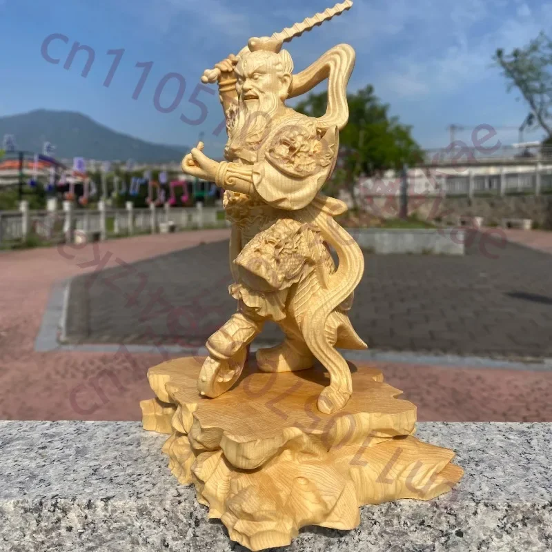 Hand Carved Hinoki Wood Wang Lingguan Statue Figurine Three Eye Fire God First Protector Deity Ornament Home Temple Altar Decor