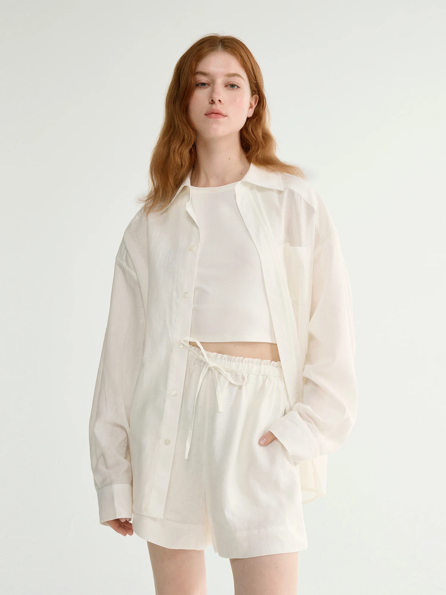 

Женская рубашка Maison Cecile из льняной ткани с эффектом текстурирования, дышащая, свободного кроя, в стиле бойфренд, с отложным воротником, универсальная, белая, для делового стиля