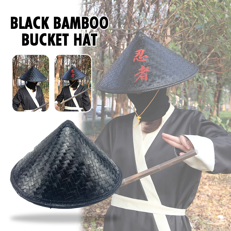 

Men Straw Hat Asian Conical Coolie Cap Knight Headgear Film Samurai Ninja Retro Black Bamboo Hat Photograph Cosplay Props