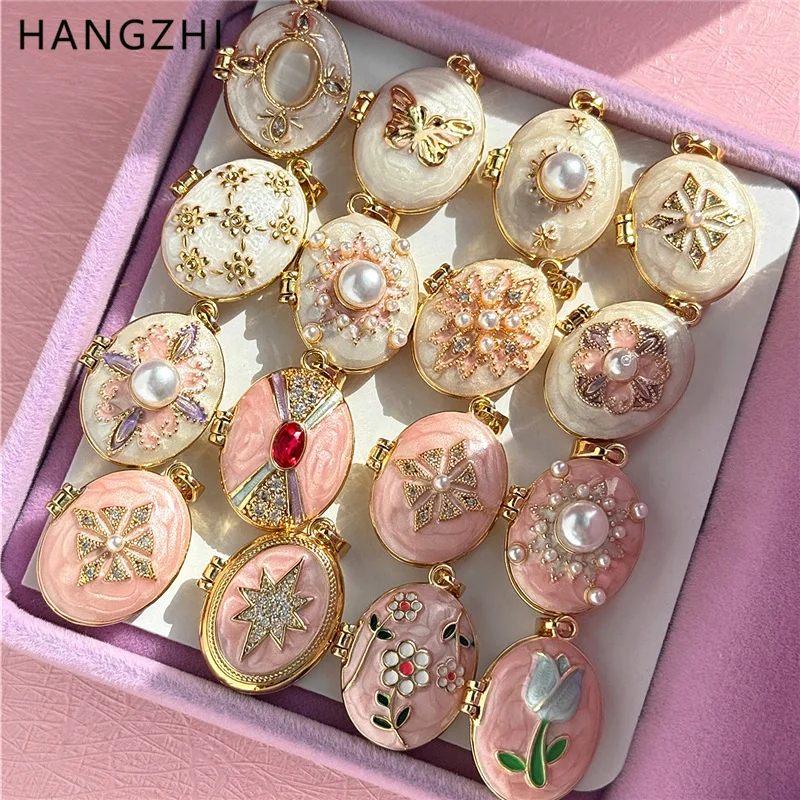 HangZhi Enamel Romantic Pink White Pearl Flower Oval Photo Frame Locket Necklace Vintage Keepsake Jewelry Gift for Women