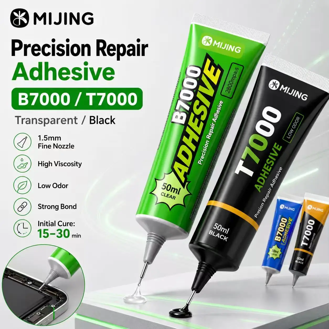 MIJING B7000 T7000 Precision Repair Adhesive 50ml Clear Black Glue Fine Nozzle for Phone LCD Screen Frame Jewelry DIY