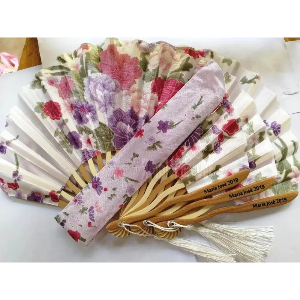 Personalized Cherry Blossom Design Round Cloth Folding Hand Fan with Gift bag Wedding Gifts for Guests 50PCS