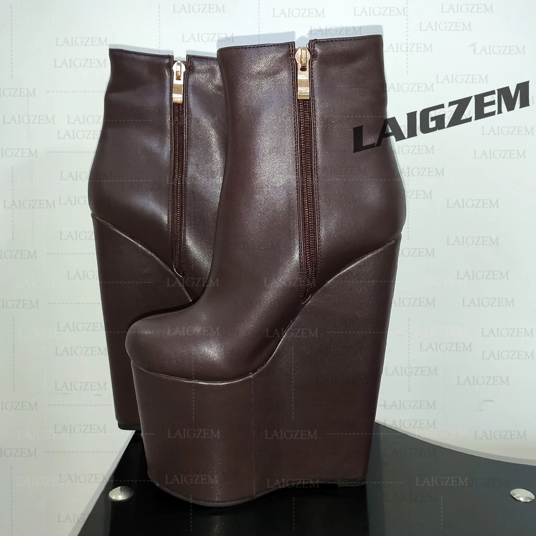 ZHIMA Women Boots Platform Wedges Round Toe Side Zip Up 20CM High Heels Boots Height Increase Shoes Woman Big Size 39 43 48