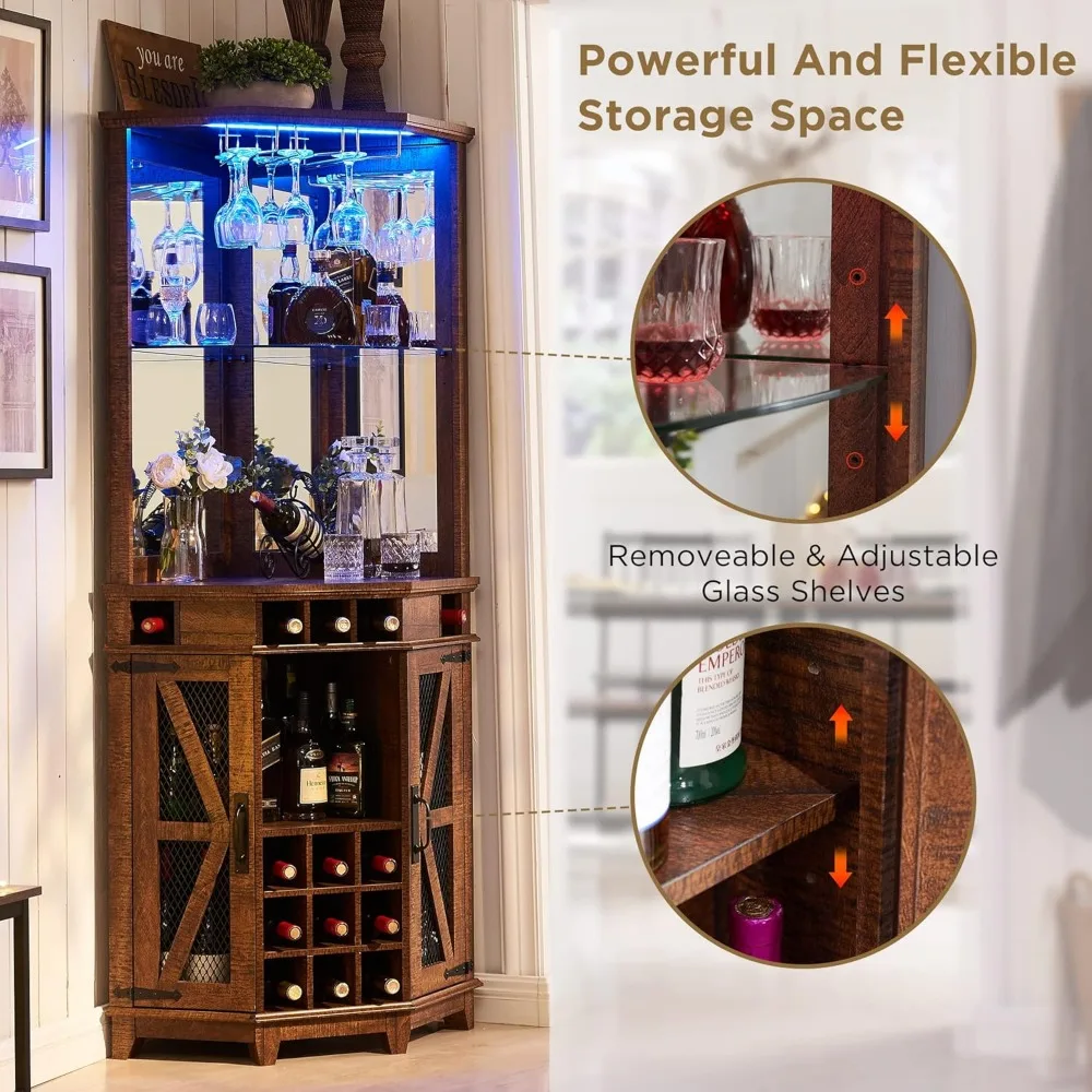 72 Armadietto alto per vino in stile fattoria con anta scorrevole per fienile, ripiani regolabili, illuminazione a LED e portabicchieri