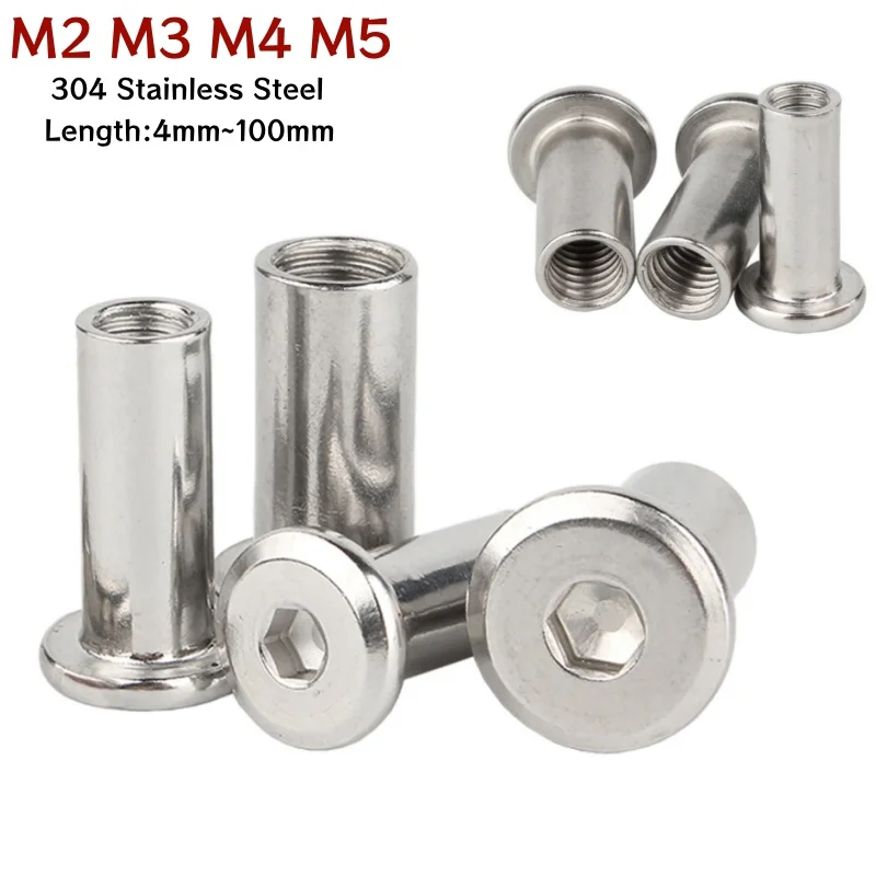 304 A2 Stainless Steel Binding Barrel Nut M2 M3 M4 M5 2mm 3mm 4mm 5mm Hex Socket Cap Furniture Rivet Insert Nut Length 4mm~100mm