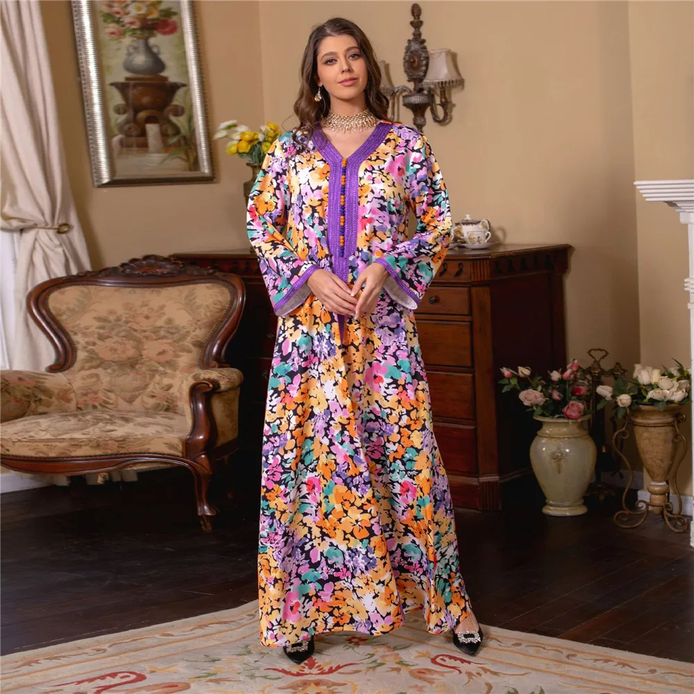 Eid Ramadan Muslim Abayas Floral Print Women Hijab Dress Dubai Islamic Turkey Kaftan Long Robe Femme Musulmane Caftan Clothing