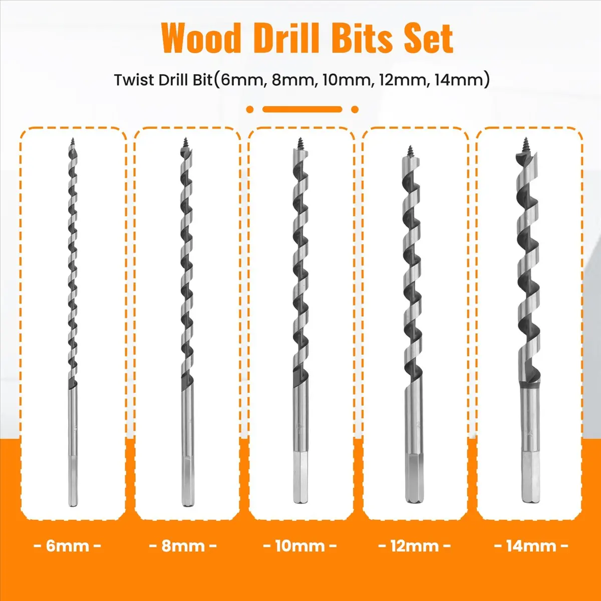 A50U 5PCS 230mm Hex Shank Extra Long Point Twist Auger Wood Drill Bits Set Woodworking Twist Drill Bit Tool Set 6 8 10 12 14mm