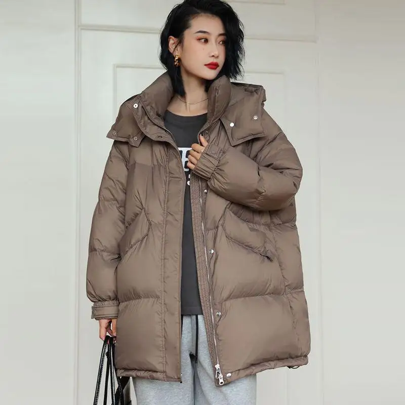 

Белая женская повседневная зимняя куртка средней длины с капюшоном, модная, универсальная, новая, для поездок на работу, тонкая, стандартного кроя