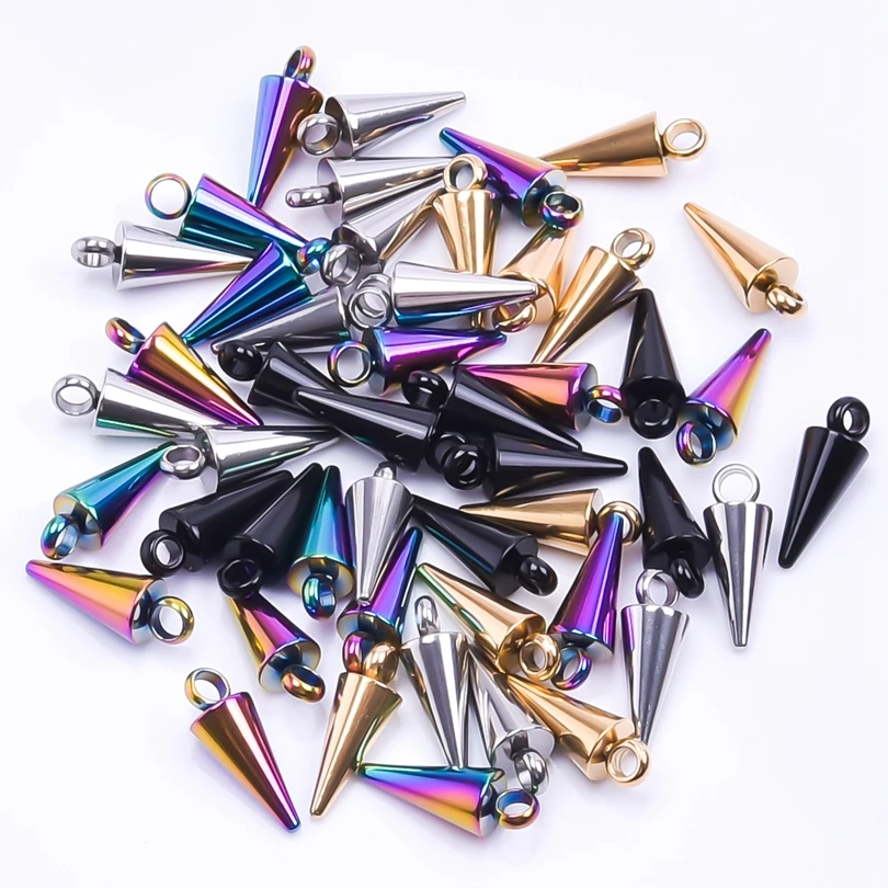 

50pcs Mix Pointed Cone Pendants Jewelry Making Supplies Rainbow/Black/Silver/Gold Color Stainless Steel Charm Bulk DIY Earrings