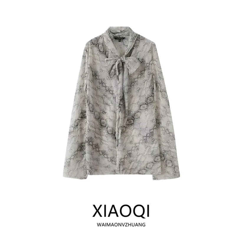 Spring 2025 Women's Semi-Transparent Lightweight Snake Print Scarf Collar Long Sleeve Shirt Loose Fit Regular Length Premium ...