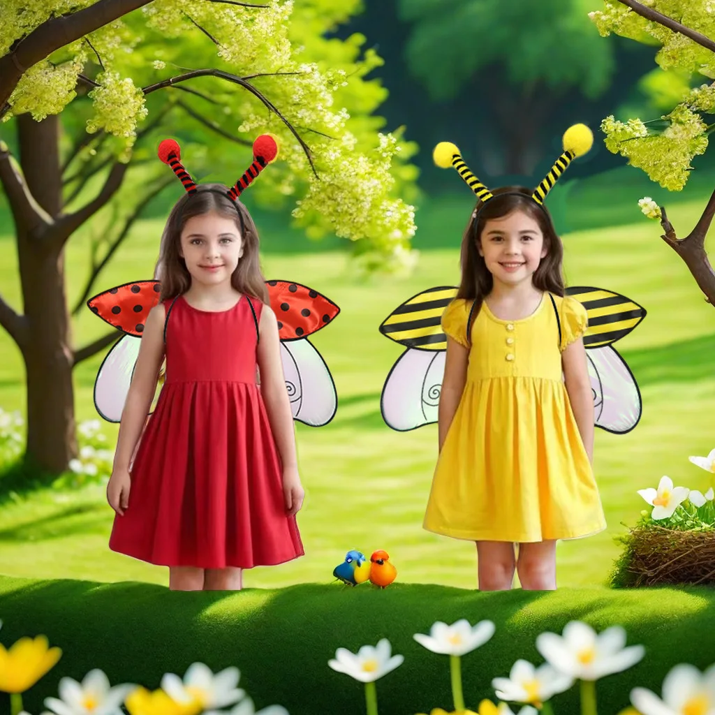 2 Pcs Yellow Bee Red Ladybug Cosplay Wings Halloween Girls Bee Headband Wings Funny Dress Fairy Props Set for Kids Adult