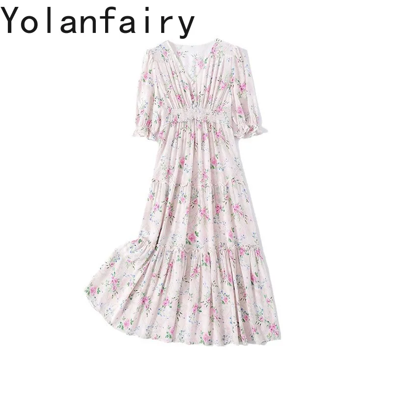 

YOLANFAIRY 100% Mulberry Silk Floral Dress Summer 2025 French Elegant V-neck Beach Dress Woman's Puffed Sleeve Vacation Dresses