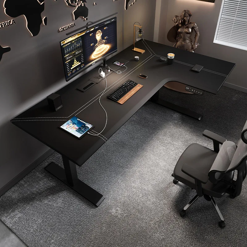 Corner Electric Lifting Table L-shaped Corner Leather Solid Wood Workbench Desk Home Computer Desk Study Desk