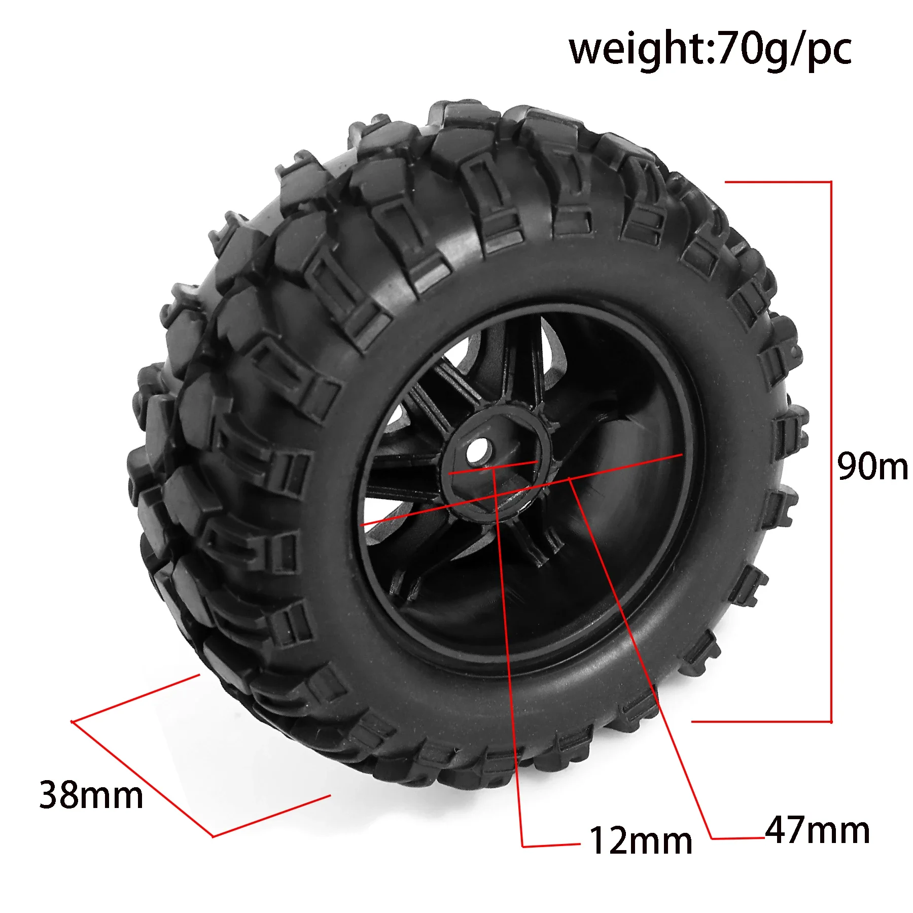 4Pcs Durable Plastic Wheel Rims Rubber Tires Set 90mm 1.9