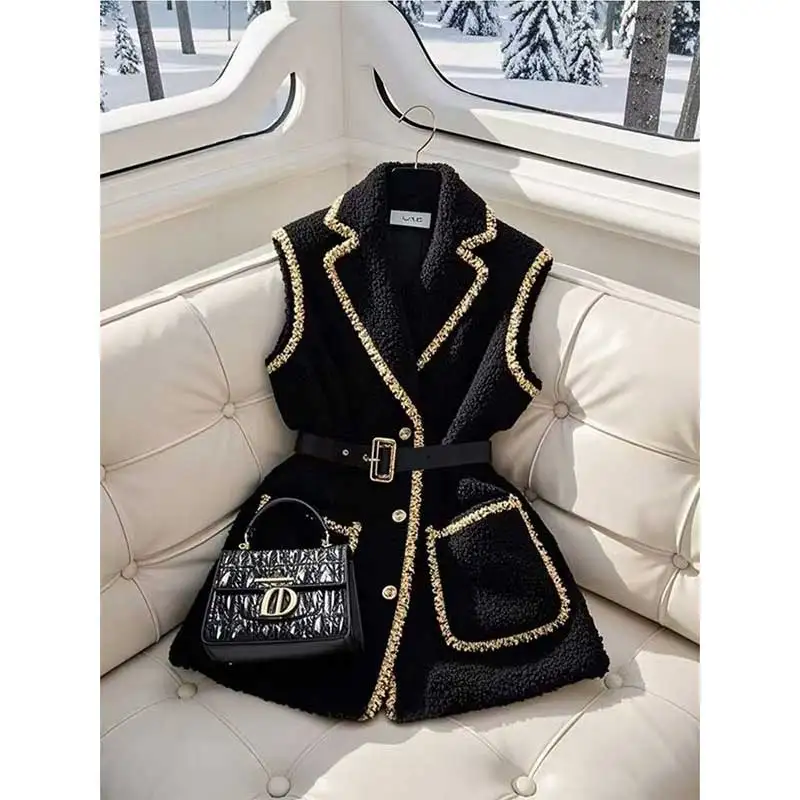 Women Clothes Spring Autumn Fashion Korean Button Solid Color Female All-match Pocket Tailored Collar Sleeveless Tank Top Vest