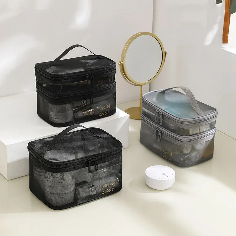 Transparent Makeup Case Mesh Organizers Toiletry Pouch Casual Zipper Toiletry Wash Bags Make Up Women Travel Cosmetic Bag