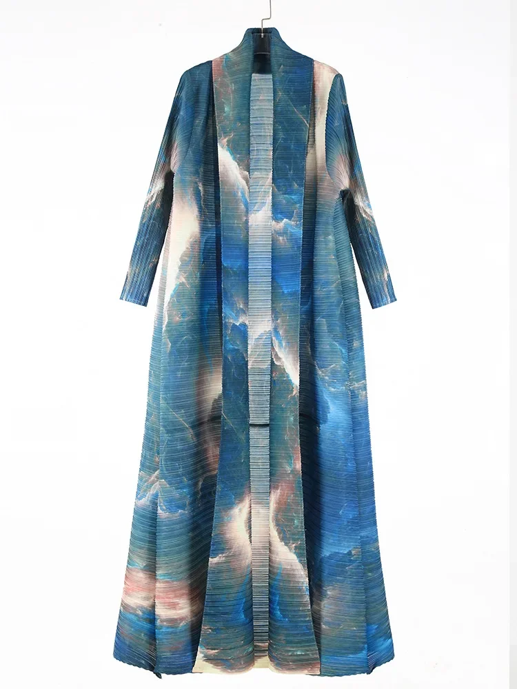 Miyake Plissee Abaya Frauen Trenchcoat Dubai Muslimischen Kaftan Gedruckt Langarm Marokko Original Designer Strickjacke Lange Mäntel