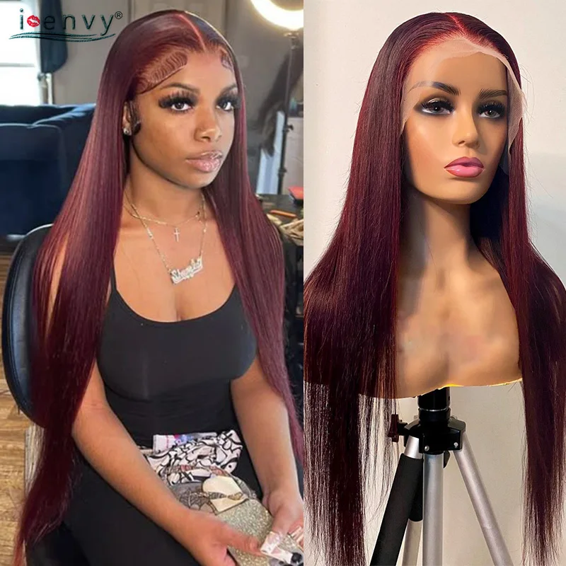

99J Burgundy Lace Front Human Hair Wig 34 Inch 13X6 13X4 Straight Lace Frontal Wigs Transparent Lace Colored Red Wigs For Women