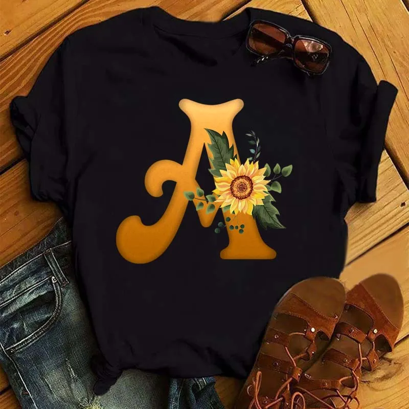Custom Name Letter Combination Print Tshirt Sunflower Letter Font A B C D E F G Short Sleeve Ladies Tops Women's Summer T Shirt