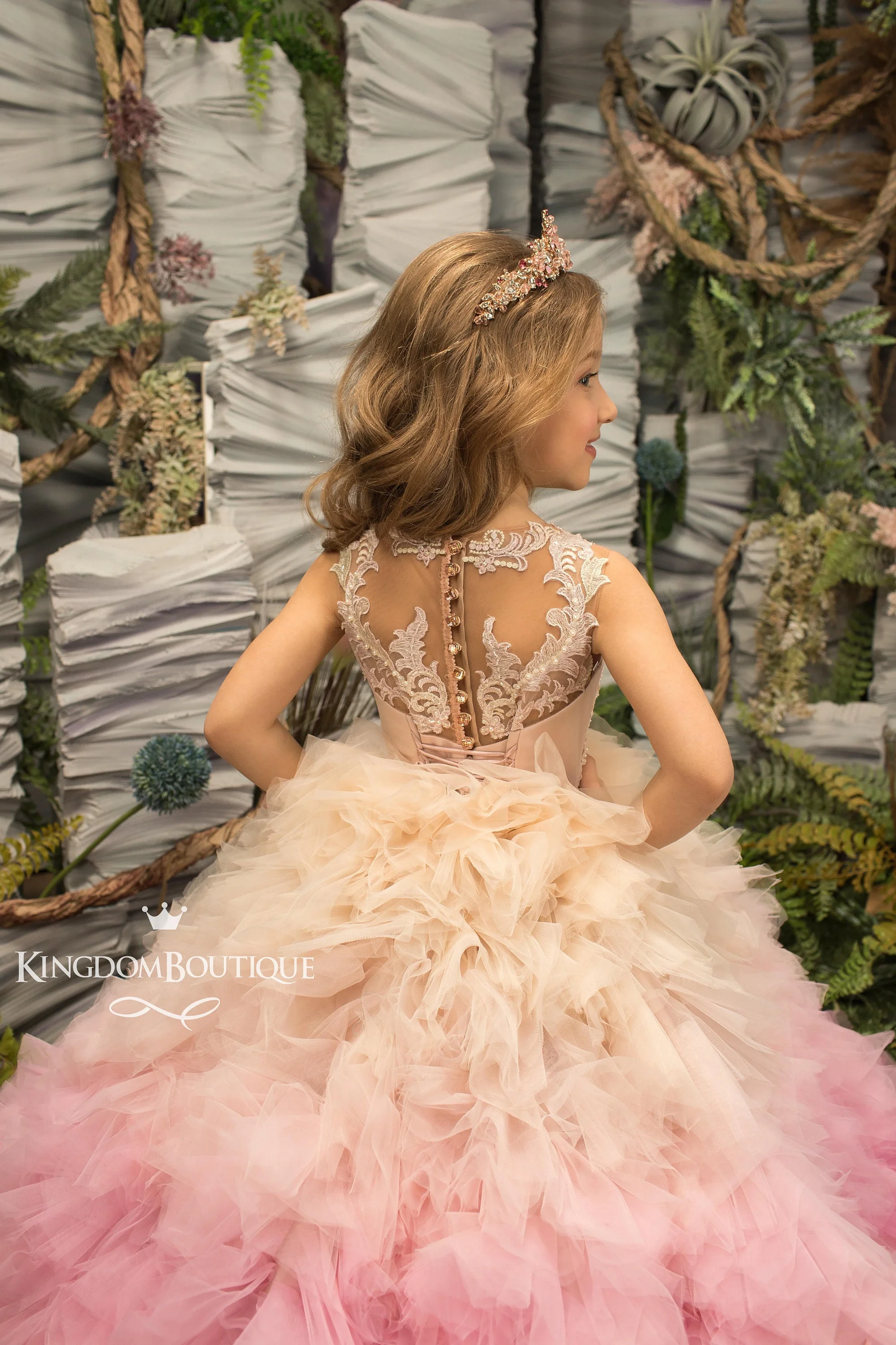 Custom Elegant Gradient Pink Tulle Puffy Applique Flower Girl Dress For Wedding Kids Birthday Party First Communion Ball Gowns