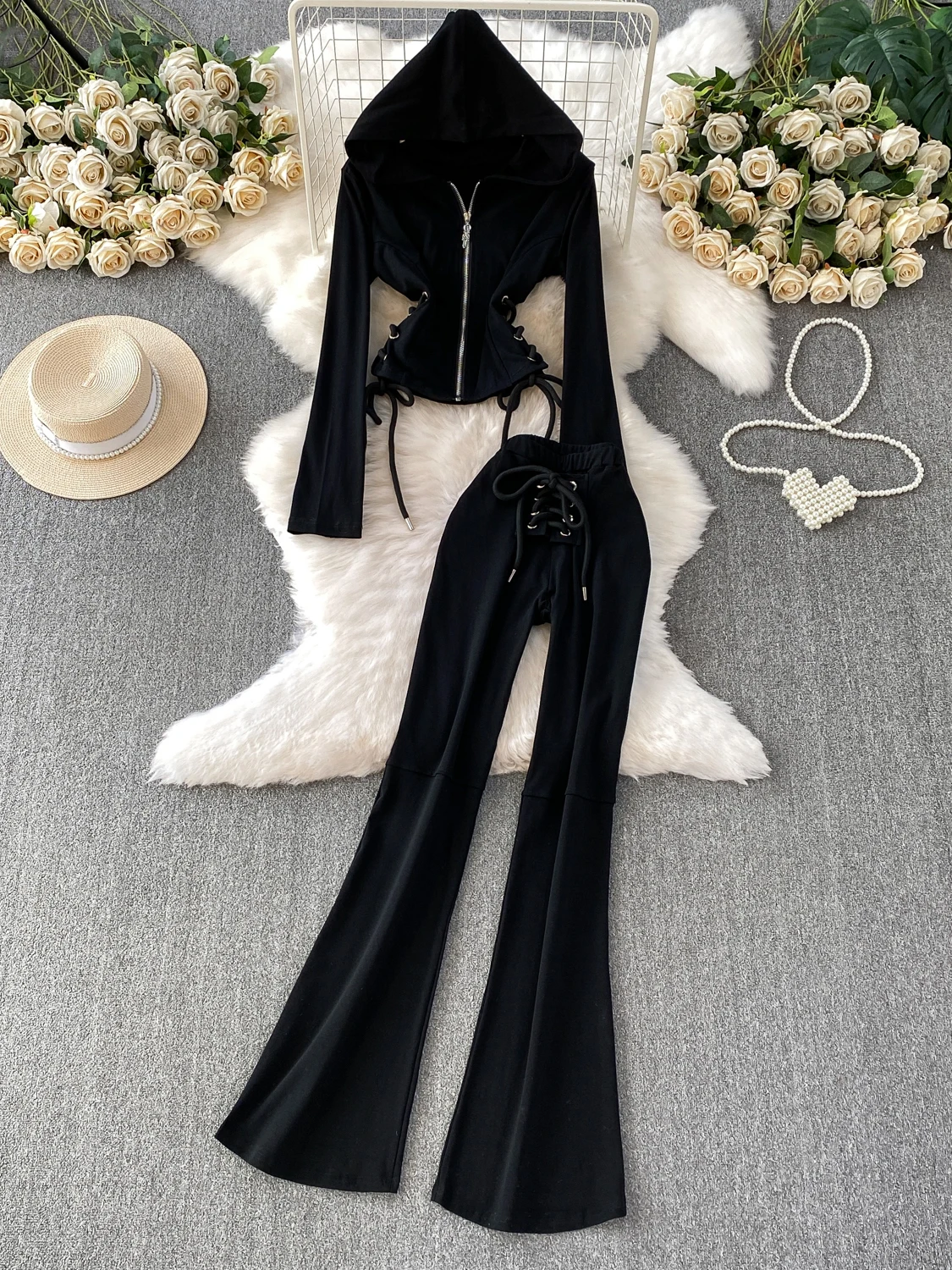 

Американский Sle, хит продаж, длинный свек-джакет с капюшоном на молнии для девочек, утягивающий топ, повседневные расклешенные брюки, комплект из двух предметов