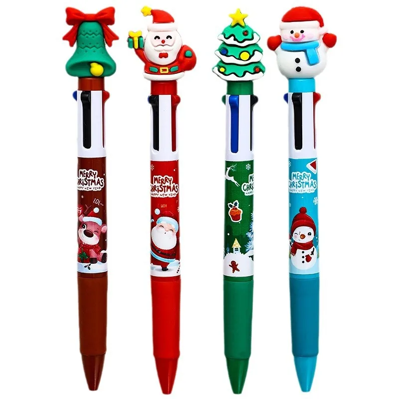 24/48pcs New Christmas 4-colors Ballpoint Pen Cartoon Multi-color Press Pen Student Prize Festival Gift