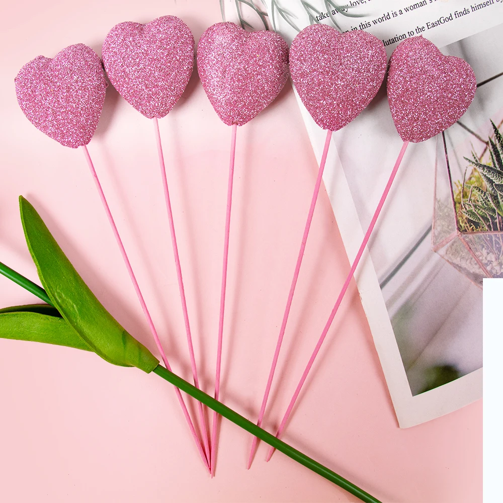 Valentine\'s Day Pink Red Glitter Foam Heart Picks Stick Valentine\'s Day Cake Decor Birthday Party Cake Toppers Wedding Supplies