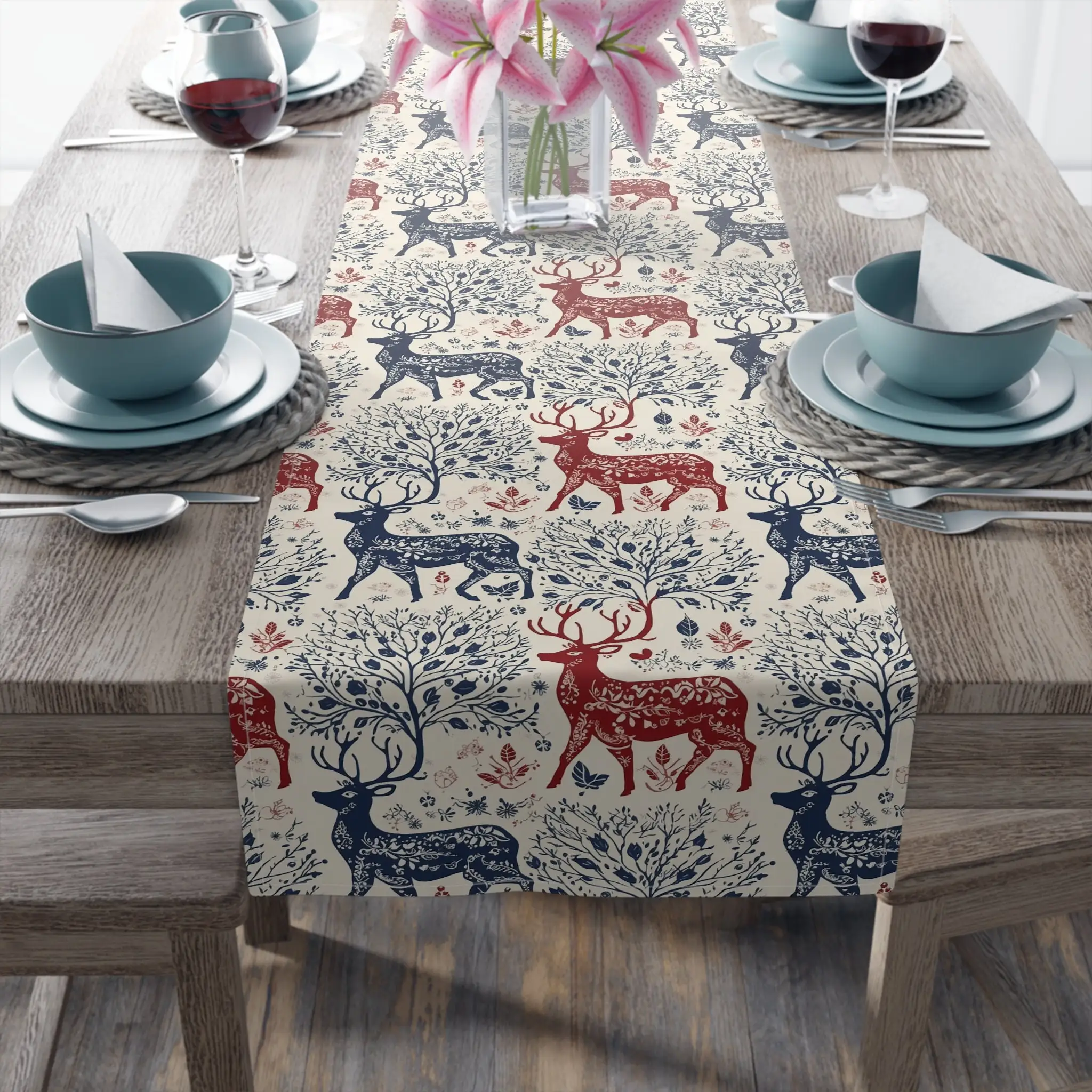 Christmas Nordic Deer Table Runner, Winter Holiday Reindeer Farmhouse Kitchen Dining Room Table Scarf Celebration Party Decor